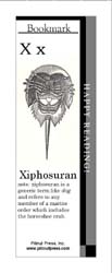 This bookmark depicts the letter X and a Xiphosuran.