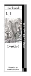 This bookmark depicts the letter L and a lyrebird.